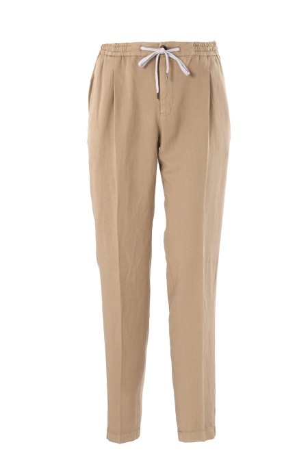 Shop PT01  Trousers: PT01 linen blend trousers.
Elasticated waist with drawstring.
American side pockets.
Back pockets with zip.
Composition: 61% lyocell, 22% linen, 17% cotton.
Made in Romania.. COTTCNZA0CL1 PU31-Y101